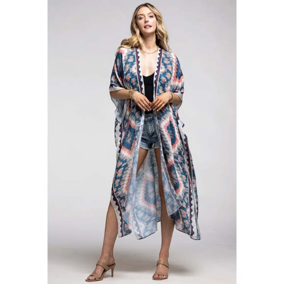 Beige Multi Long Open Front Aztec Tribal Pattern Kimono Wrap Coverup Top - Picture 3 of 5